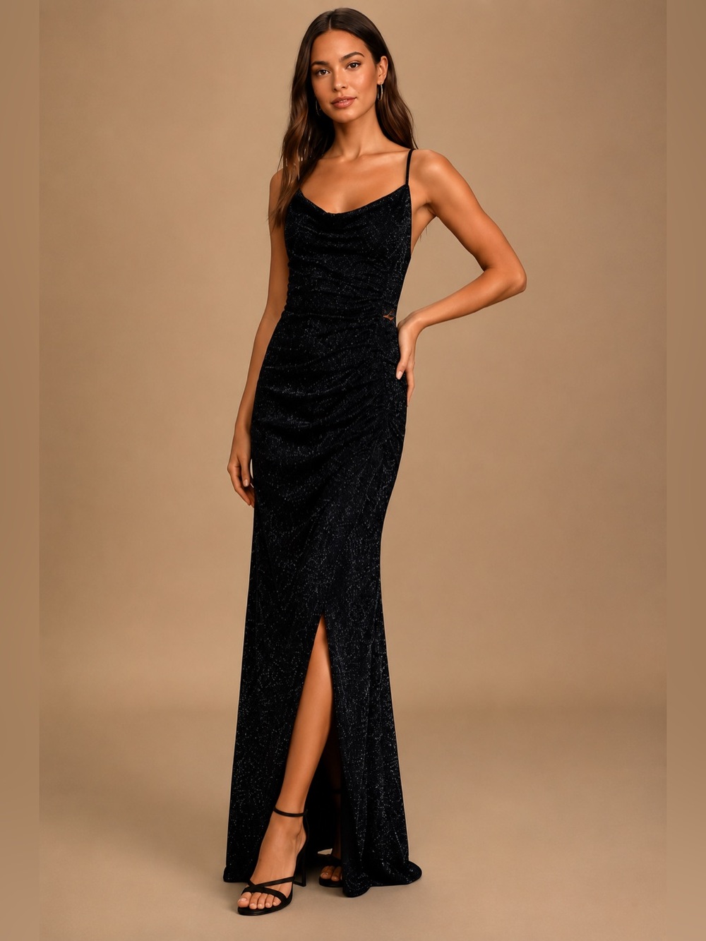 NWT Lulus Black Glitter Ruched Maxi Dress Sleeveless Cowl Neck Gown Large